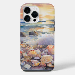 SUNSET BEACH SCENE WITH COLORFUL SEASHELLS iPhone 14 PRO MAX CASE