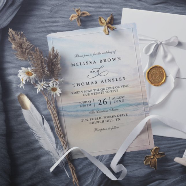 Sunset Beach Sea Elegant Modern Wedding Invitation (Creator Uploaded)