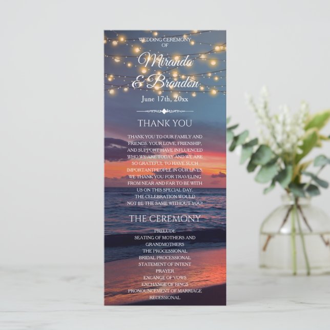 Sunset Beach String Light Summer Wedding Program (Standing Front)
