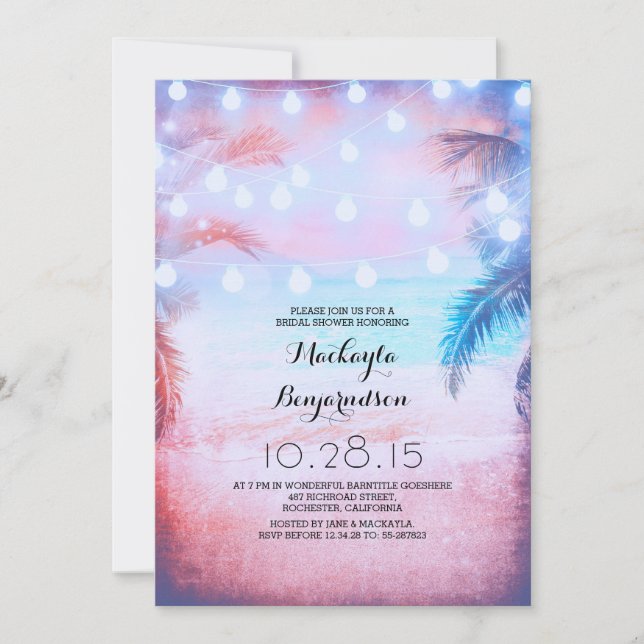 Sunset Beach & String Lights Bridal Shower Invitation (Front)
