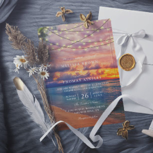 Sunset Beach String Lights Elegant Modern Wedding Invitation