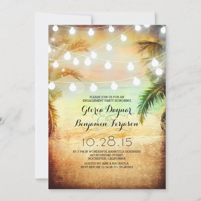 Sunset Beach & String Lights Engagement Party Invitation (Front)
