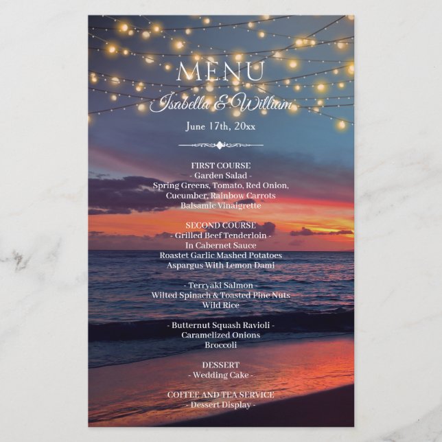 Sunset Beach String Lights Menu Mariage d'été (Devant)