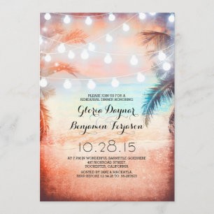 Sunset Beach & String Lights Rehearsal Dinner Invitation
