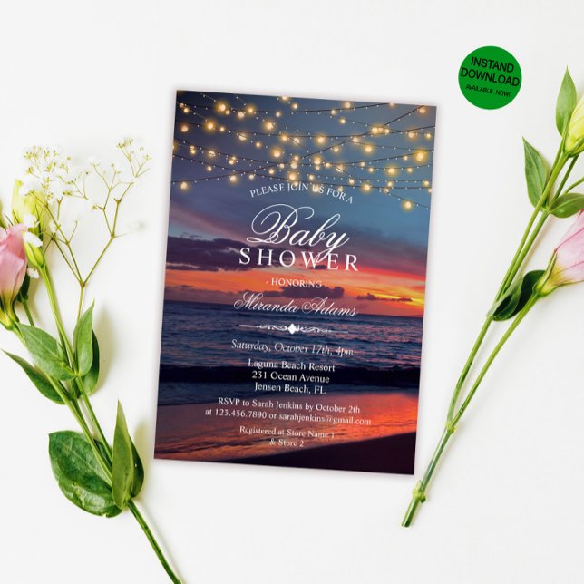Sunset Beach String Lights Summer Baby Shower Invitation (Creator Uploaded)