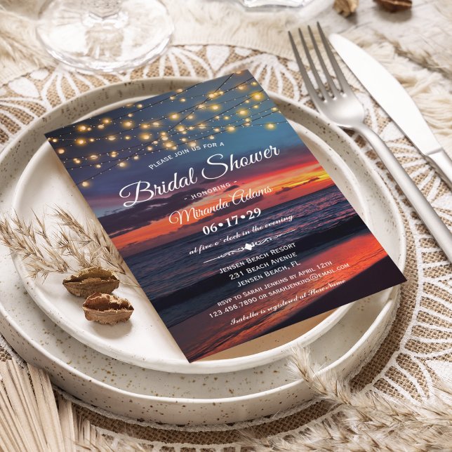 Sunset Beach String Lights Summer Bridal Shower Invitation (Creator Uploaded)