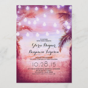 Sunset Beach & String Lights Wedding Invitation
