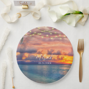 Sunset Beach String Lights Wedding Paper Plate