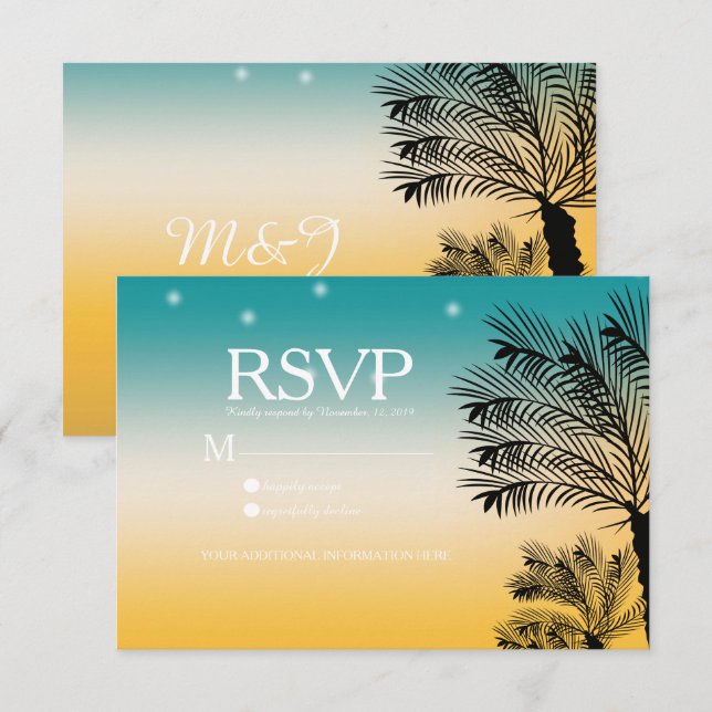 Sunset Beach Tropical Palm Trees Wedding Invitation (Front/Back)