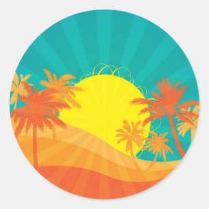 Sunset Beach tropical retro surf design Classic Round Sticker