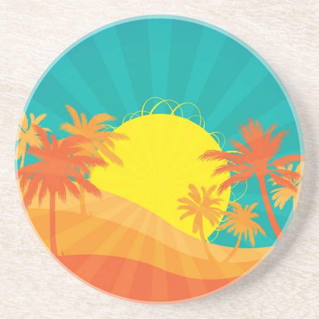Sunset Beach tropical retro surf design Coaster (Front)