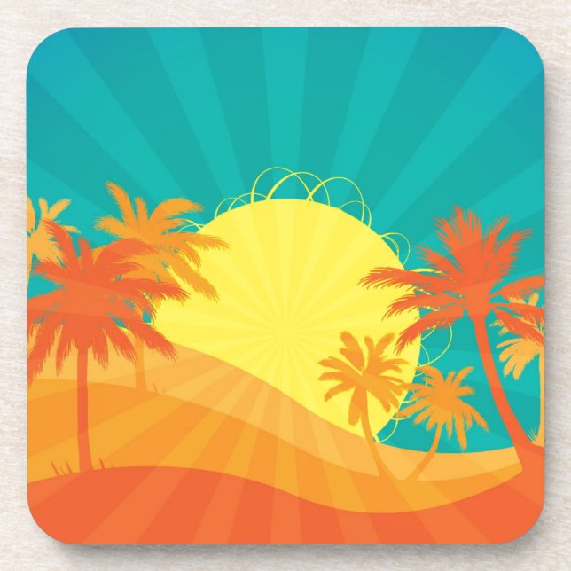 Sunset Beach tropical retro surf design Coaster (Front)
