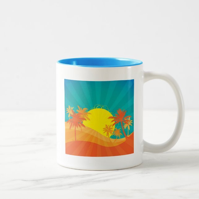 Sunset Beach tropical retro surf design Two-Tone Coffee Mug (Right)