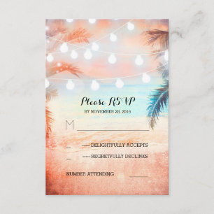 sunset beach twinkle lights tropical wedding RSVP Card