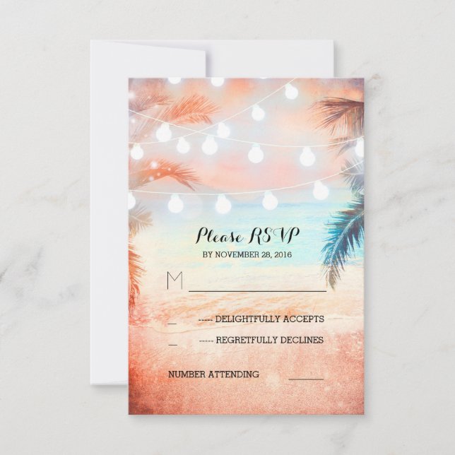 sunset beach twinkle lights tropical wedding RSVP Card (Front)