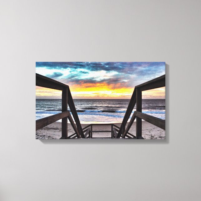 Sunset Beach View from Rustic Wood Deck Canvas Print (Front)