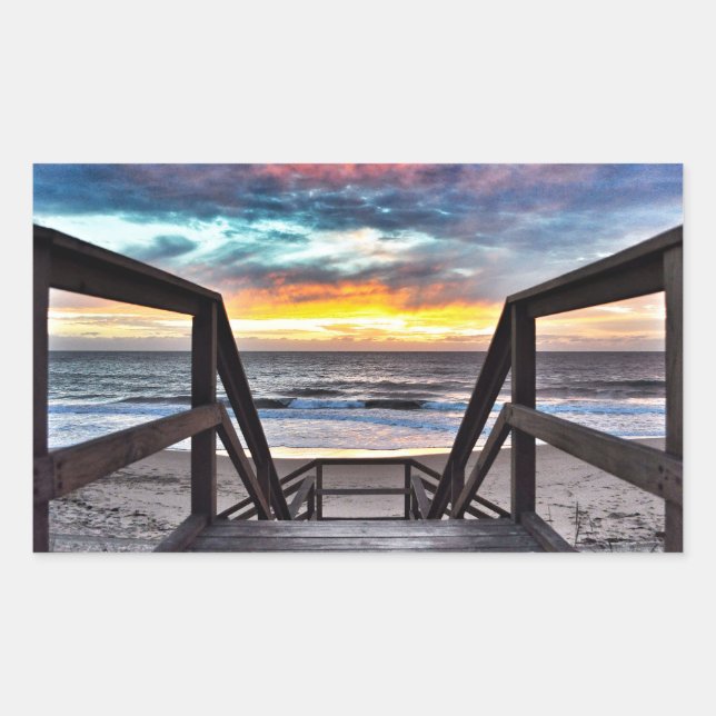 Sunset Beach View from Rustic Wood Deck Sticker (Front)