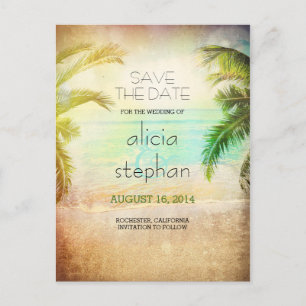 sunset beach vintage sea & palms save the date announcement postcard