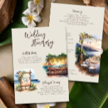 Sunset Beach Wedding Itinerary Card<br><div class="desc">Destination wedding itinerary setting the scene for your romantic, dream beach wedding. This charming design features watercolor wedding scenes on the beach, at the sundowner bar and an oceanfront reception. Perfect for a casual or boho beach wedding, coastal chic or classy beach resort destination wedding. Background and text have a...</div>