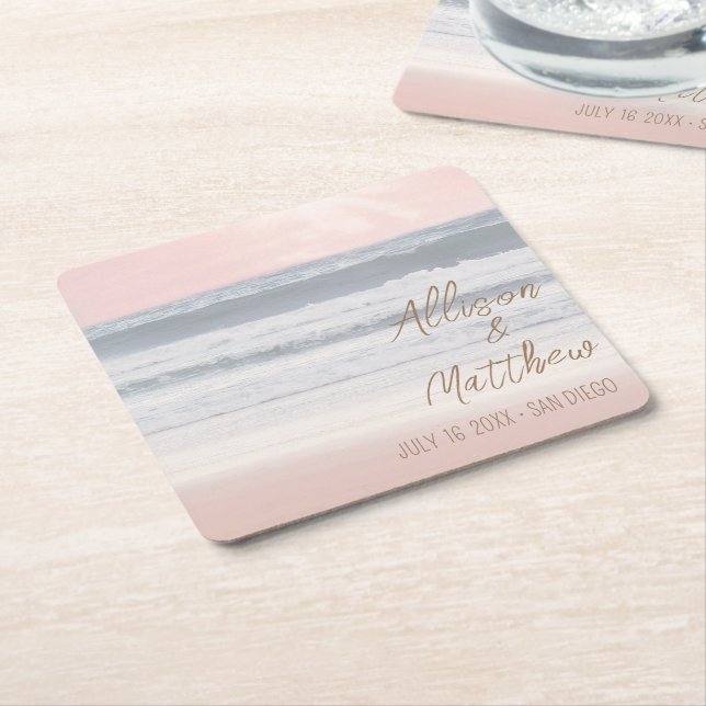 Sunset Beach Wedding | Seaside Wedding Square Paper Coaster (Angled)