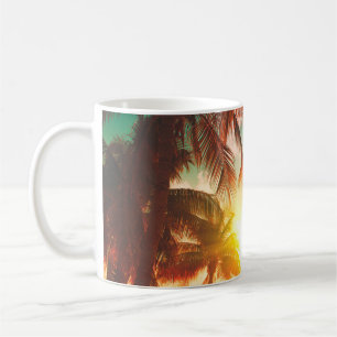 Sunset beach with palm trees and beautiful sky lan coffee mug