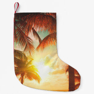 Sunset beach with palm trees and beautiful sky lan small christmas stocking
