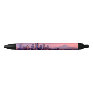 Sunset behind Seattle skyline from Kerry Park. Black Ink Pen