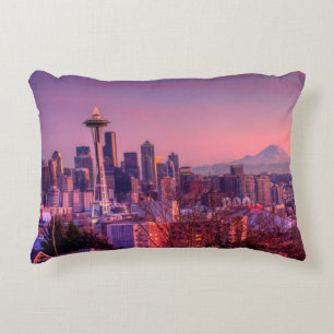 Sunset behind Seattle skyline from Kerry Park. Decorative Pillow