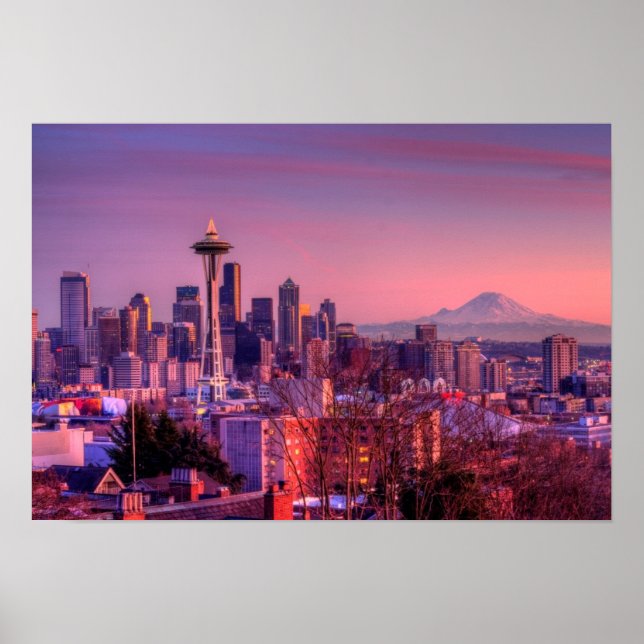 Sunset behind Seattle skyline from Kerry Park. Poster (Front)