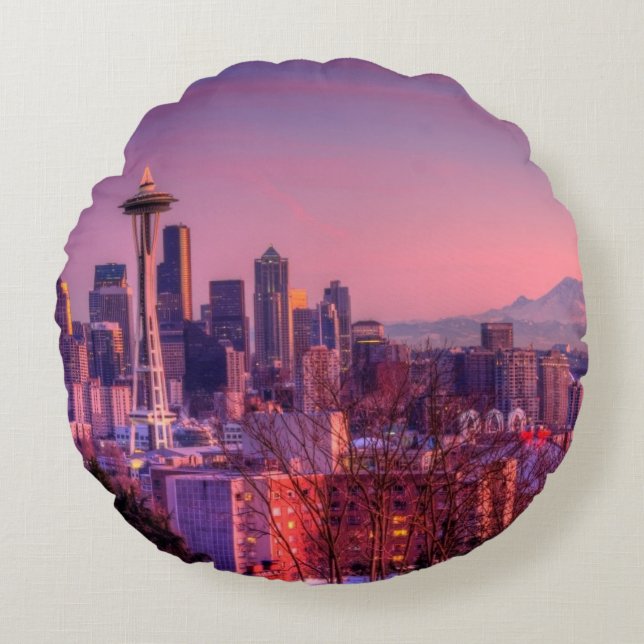 Sunset behind Seattle skyline from Kerry Park. Round Pillow (Front)