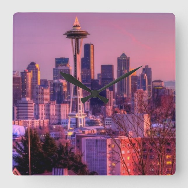 Sunset behind Seattle skyline from Kerry Park. Square Wall Clock (Front)