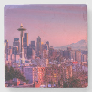 Sunset behind Seattle skyline from Kerry Park. Stone Coaster