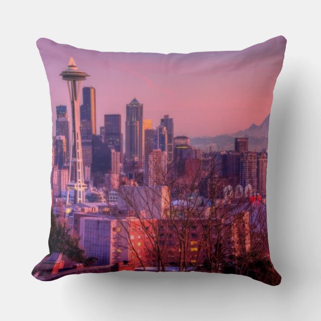 Sunset behind Seattle skyline from Kerry Park. Throw Pillow (Front)