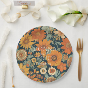 Sunset Blooms: Vintage 70's Orange Floral Wedding Paper Plate