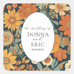 Sunset Blooms: Vintage 70's Orange Floral Wedding Square Sticker