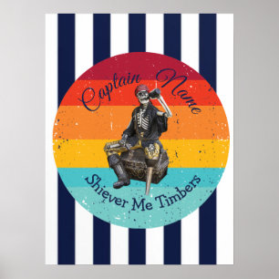 Sunset Blue Stripes Skeleton Party Pirate Poster