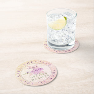 Sunset Blush Bow Bright Rose Save-The-Date Round Paper Coaster