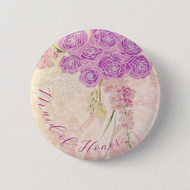 Sunset Blush Bow Rose Bouquet Maid-of-Honour 2 Inch Round Button (Front)