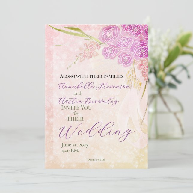Sunset Blush Sheer bow Bright Rose Bouquet  Invitation (Standing Front)