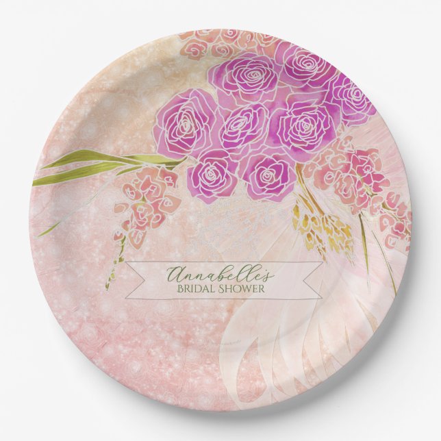 Sunset blush Sheer bow Bright Rose Bouquet Paper Plate (Front)