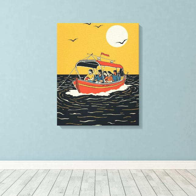 Sunset Boat Ride – Retro Minimalist Canvas Print (Insitu(Wood Floor))