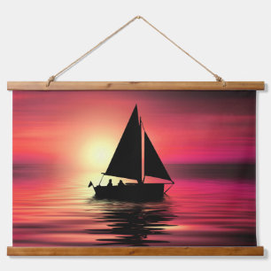Sunset, Boat, Sea with Orange Background Hanging Tapestry
