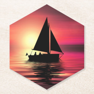 Sunset, Boat, Sea with Orange Background Paper Coaster