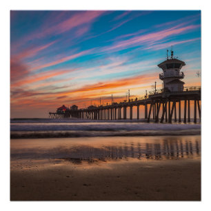 Sunset by Huntington Beach Pier in California Poster