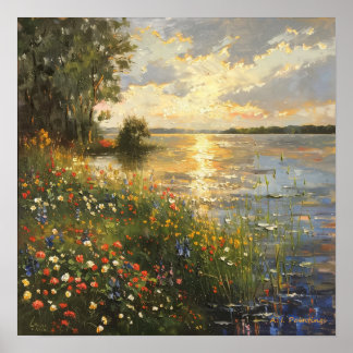 Sunset By the Lake Oil Painting Poster