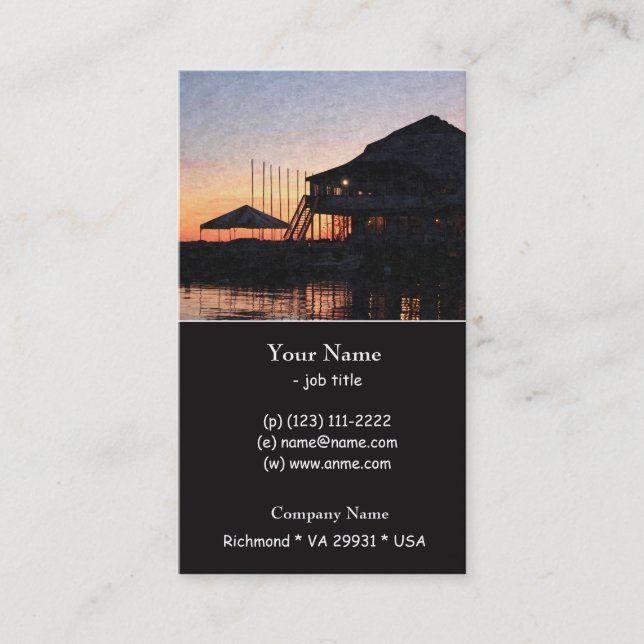 sunset by the lake waterfront with deck buildings business card (Front)