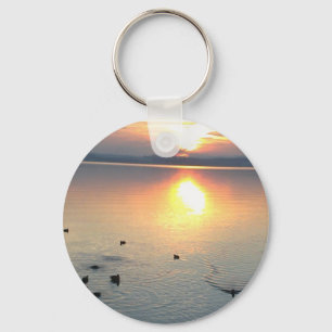 sunset by the lake with ducks keychain