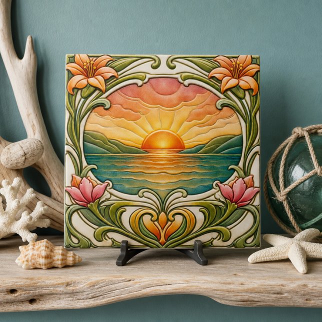 Sunset by the Sea  Art Nouveau  Tile (This mockup is a digital representation created using generative AI tools to showcase the design)