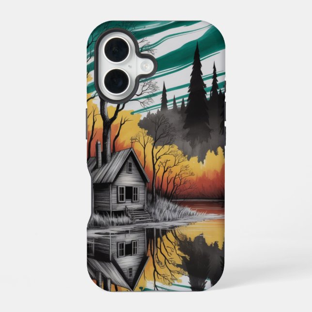 Sunset Cabin Reflection – Moody Nature Landscape iPhone 16 Case (Back)