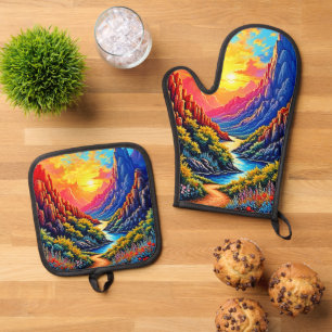 Sunset Canyon River Art Oven Mitt & Pot Holder Set